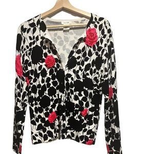 Kate Hill cotton cardigan - black and white monochrome with pops of color. (M)